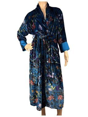 Olivia Von Halle Blue Floral Silk Velvet Robe Satin Lined Luxury Loungewear Size